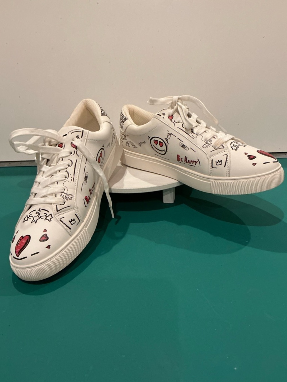 Hey Girl by Corkys White Sneakers with Red and Black Doodle Hearts Size 10